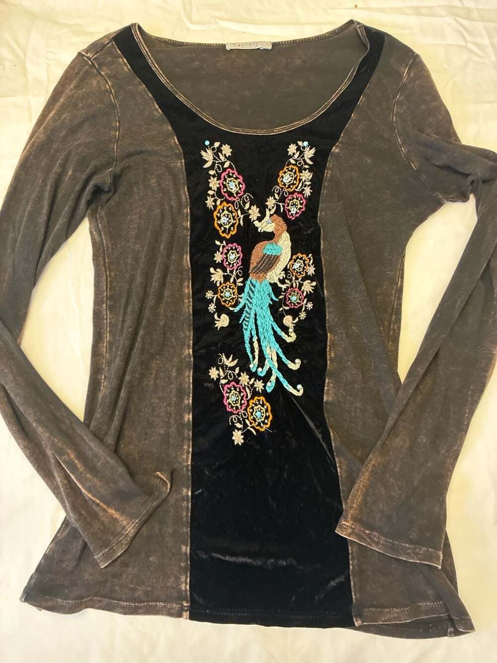 T-Party Boho Peacock Embroidered Velvet Panel Long Sleeve Top L